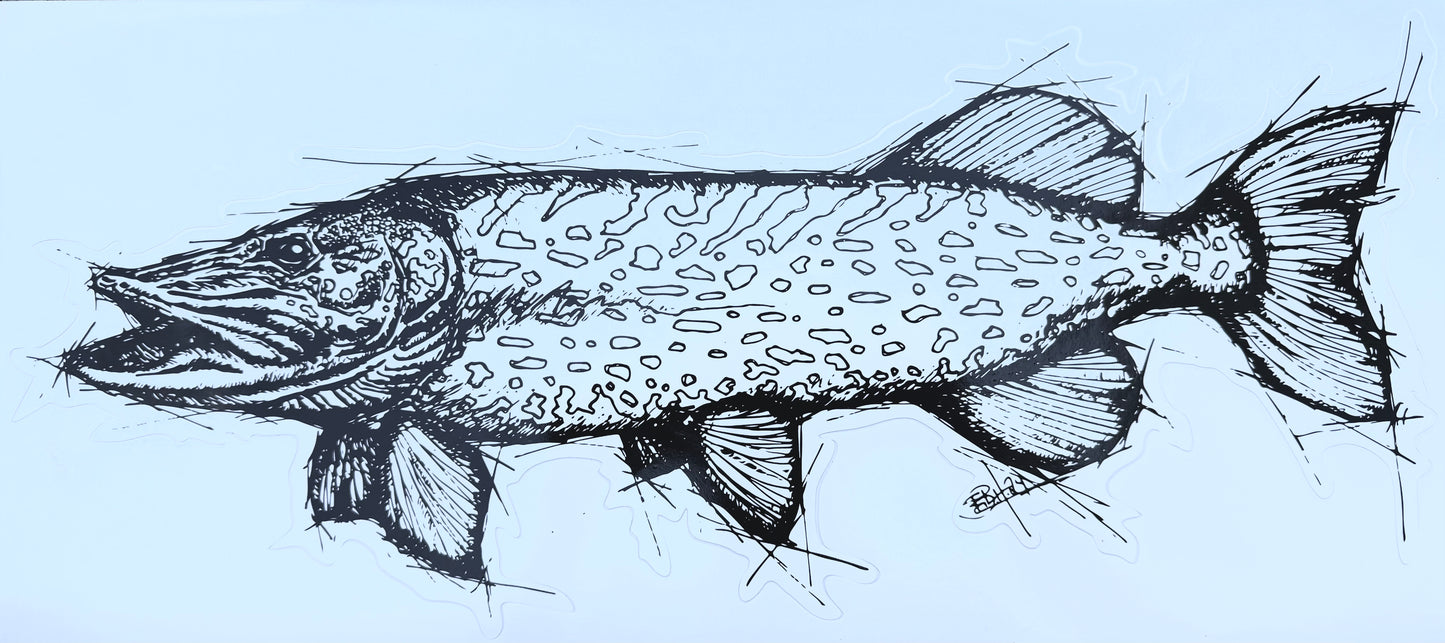 Pike Sketch Fishing Sticker Small.